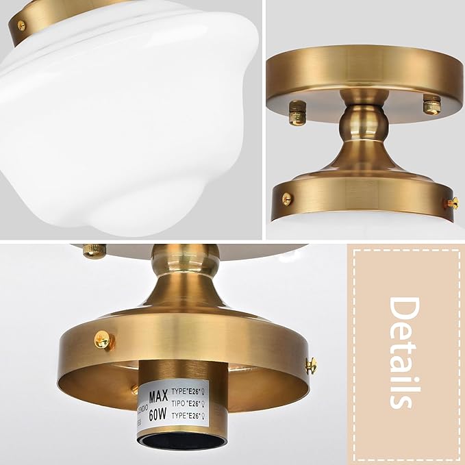 Bagood 8" Gold Schoolhouse Lights Fixture Schoolhouse Light Fixtures Ceiling Mid Century Lights Fixture Milk Glass Fixtures Semi Flush Mount Ceiling Light for Bathroom Kitchen (Bulb Incl.)