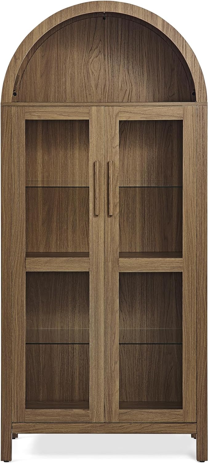 Ball & Cast 67" Tall Arched Kitchen Pantry Cabinet with Lamp, Modern Wooden Storage Cabinet with Glass Doors & Adjustable Shelves,Versatile Display Cabinet for Kitchen, Living Room,Dining Room,Brown