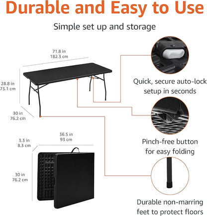 Amazon Basics Heavy Duty Portable Folding Table, 6 ft, Indoor & Outdoor, Fold-in-Half Design with Carrying Handle, for Events, Easy Folding and Storage, Black | Portable, Heavy Duty, Indoor & Outdoor, with Carrying Handle