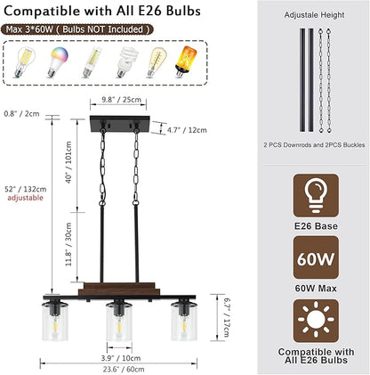 3-Light Kitchen Chandeliers Over Table, Farmhouse Chandeliers for Dining Room, Black Linear Chandelier with Clear Glass Shades, Modern Rustic Wood Dining Room Light Fixture, with Adjustable Height