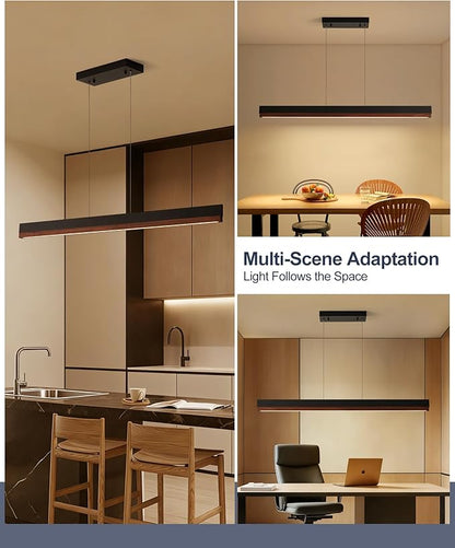 39" Wood Linear Pendant Light, 24W LED Hanging Pendant Light, Dimmable Kitchen Island Lighting with Remote, Adjustable Linear Chandelier for Dining Room, Kitchen Island, Bar, Office-Walnut