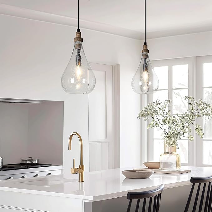 LALUZ Pendant Light Kitchen Island, 1-Light Farmhouse Kitchen Island Lights Rustic Teardrop Adjustable Hanging Pendant Light Fixtures with Seeded Glass Shade
