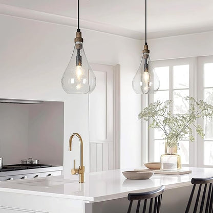 LALUZ Pendant Light Kitchen Island, 1-Light Farmhouse Kitchen Island Lights Rustic Teardrop Adjustable Hanging Pendant Light Fixtures with Seeded Glass Shade