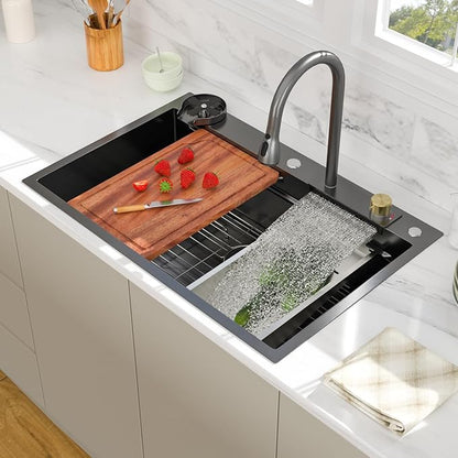 33 Inch Black Waterfall Kitchen Sink - Beslend 33x22 Drop In Waterfall Sink Nano Black Workstation Smart Sinks 16 Gauge Stainless Steel Single Bowl Dish Basin with Faucet Combo