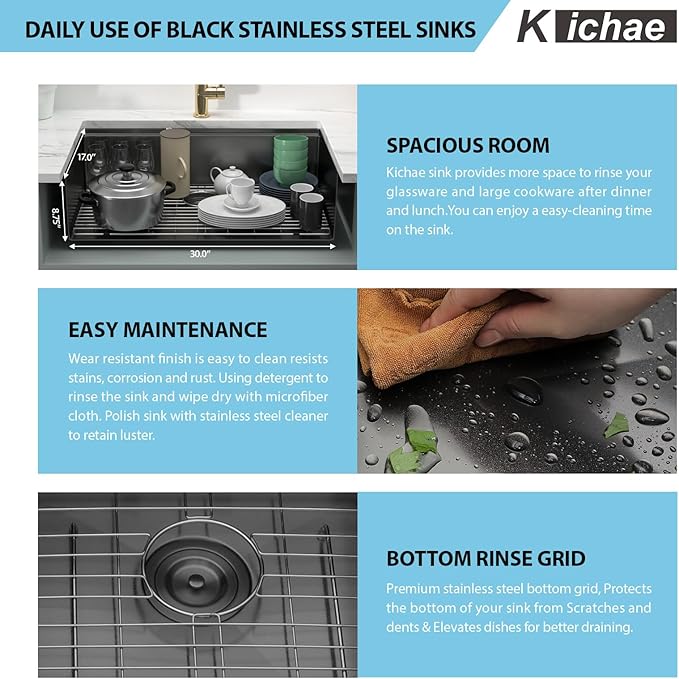 Kichae 32 Inch Undermount Kitchen Sink Black - 32" x 19" Kitchen Sink Workstation Gunmetal Black Stainless Steel 16 Gauge Handmade Single Bowl Basin