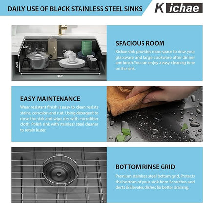 Kichae 32 Inch Undermount Kitchen Sink Black - 32" x 19" Kitchen Sink Workstation Gunmetal Black Stainless Steel 16 Gauge Handmade Single Bowl Basin