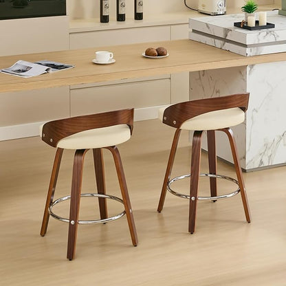 Bar Stools Set of 2, Mid Century Modern Swivel Stools with Low Back, 25" Counter Height Wooden Bar Chairs with Soft Faux Leather Cushion, for Kitchen Island, Bar & Home,Beige