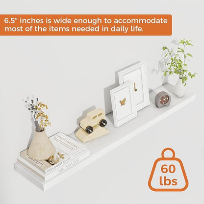Fun Memories 36Inch Floating Shelves for Wall 2 Pack Wood Shelves for Kitchen, Bathroom, Bedroom Wall Mounted Rustic Wood Floating Shelf with Invisible Brackets for Books, Storage, Decor, White
