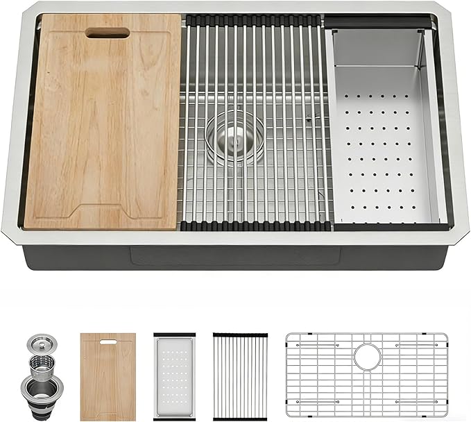 32 Kitchen Sink Undermount Workstation - Kichae 32x19x5 Undermount Kitchen Sinks Shallow Ledge Workstation 16-Gauge Stainless Steel Deep Single Bowl Under Counter Handmade Basin