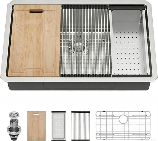 32 Kitchen Sink Undermount Workstation - Kichae 32x19x5 Undermount Kitchen Sinks Shallow Ledge Workstation 16-Gauge Stainless Steel Deep Single Bowl Under Counter Handmade Basin