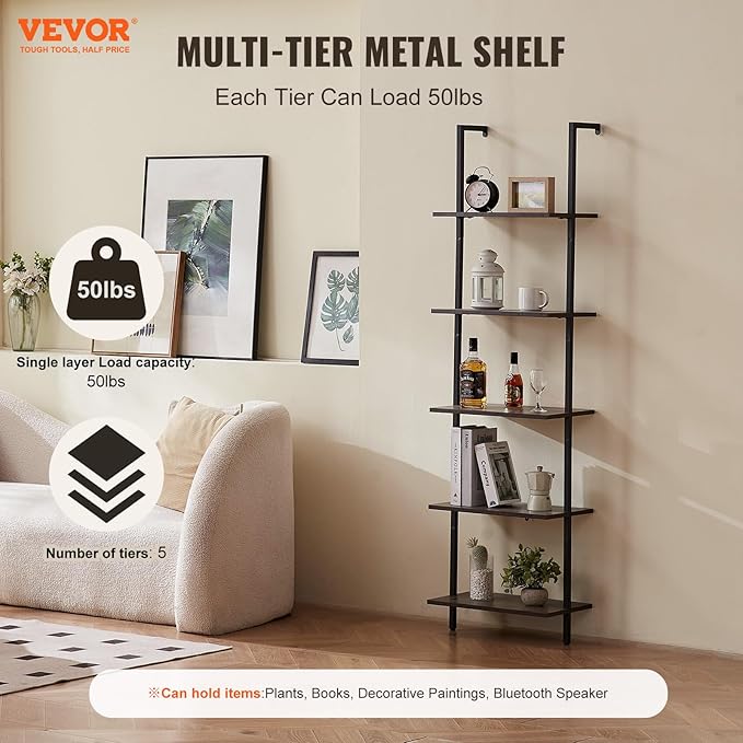 VEVOR Industrial Square Pipe Shelf, 5 Tier 17.3x11.8in, Wall-Mount Floating Rustic Wood Shelves Bracket Display Bookshelf,Storage Rack Sundries Holder for Kitchen Bedroom Bathroom Living Room, Black