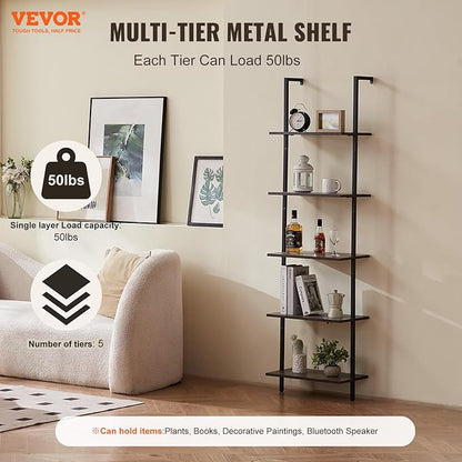 VEVOR Industrial Square Pipe Shelf, 5 Tier 17.3x11.8in, Wall-Mount Floating Rustic Wood Shelves Bracket Display Bookshelf,Storage Rack Sundries Holder for Kitchen Bedroom Bathroom Living Room, Black
