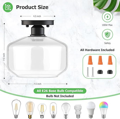 TOBUSA Semi Flush Mount Ceiling Light 2 Pack, Industrial Ceiling Light Fixture with Clear Glass Pendant Lamp Shade, Farmhouse Hallway Light Fixtures for Porch Kitchen Bedroom, E26 Bulbs Excluded