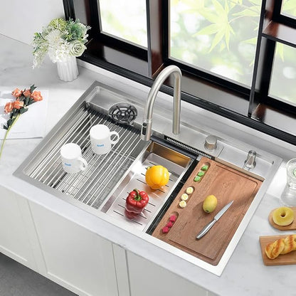 33 Inch Waterfall Kitchen Sink Drop In-iAnomla 33x19 Stainless Steel Drop In Kitchen Sink Workstation Modern Sinks 16 Gauge Single Bowl Deep Smart Sinks with Faucet and Cup Washer Combo