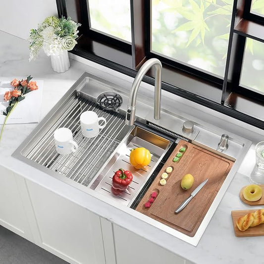 33 Inch Waterfall Kitchen Sink Drop In-iAnomla 33x19 Stainless Steel Drop In Kitchen Sink Workstation Modern Sinks 16 Gauge Single Bowl Deep Smart Sinks with Faucet and Cup Washer Combo