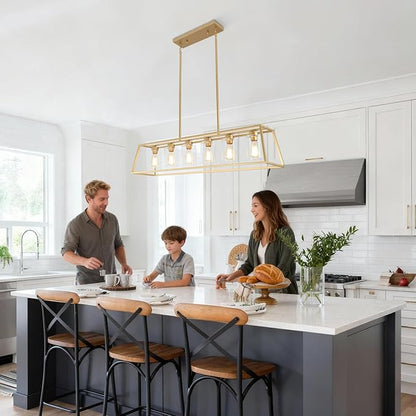 6-Light Gold Chandeliers for Dining Room | Modern Kitchen Island Light Fixture | Rectangle Chandelier for with Clear Glass Shade | Apply to Dining Room Light fixtures Over Table