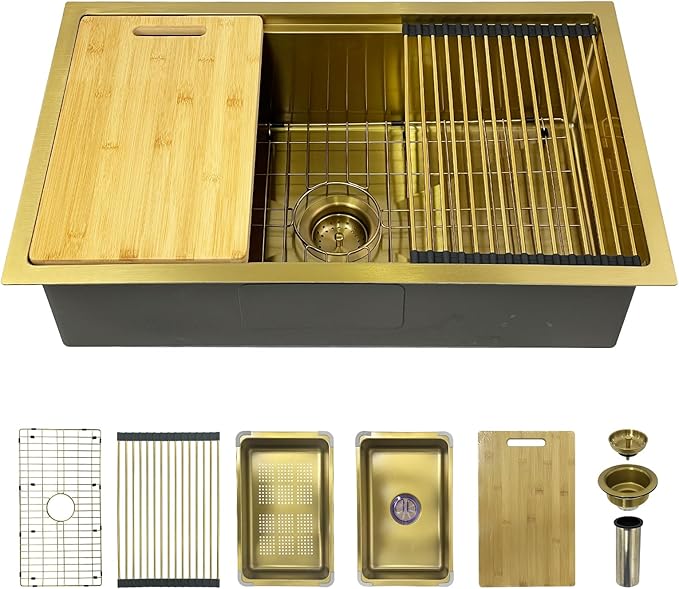Gold Kitchen Sink Workstation, 30"x 18" Stainless Steel Single Bowl Kitchen Sink Workstation Undermount Or Top mount Workstation Sink With Matching Gold-tone Accessories For Luxurious Modern Kitchen
