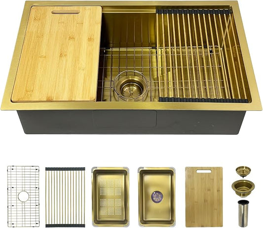 Gold Kitchen Sink Workstation, 30"x 18" Stainless Steel Single Bowl Kitchen Sink Workstation Undermount Or Top mount Workstation Sink With Matching Gold-tone Accessories For Luxurious Modern Kitchen