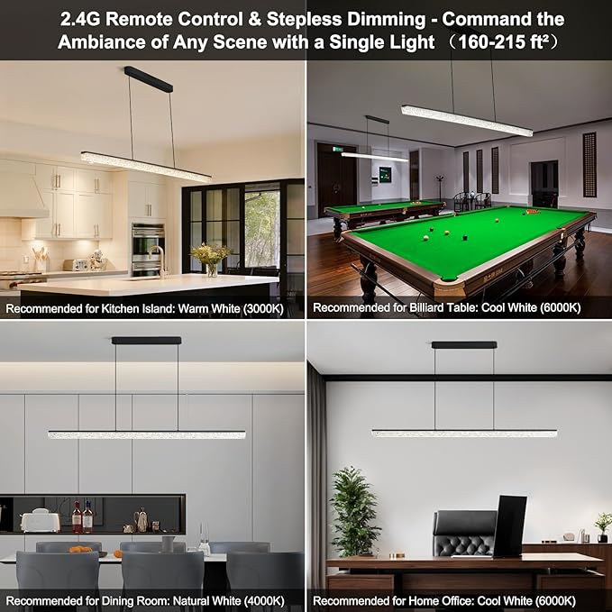 Modern LED Linear Pendant Light, 47” Dimmable Chandelier with APP & Remote Control, Ice-Crack Acrylic, Adjustable Height, 3000K–6000K Kitchen Island Lighting for Dining Room & Office – Black