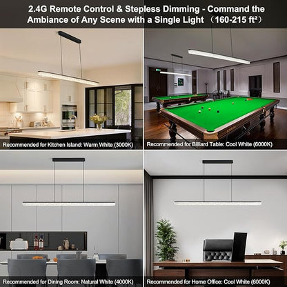 Modern LED Linear Pendant Light, 47” Dimmable Chandelier with APP & Remote Control, Ice-Crack Acrylic, Adjustable Height, 3000K–6000K Kitchen Island Lighting for Dining Room & Office – Black
