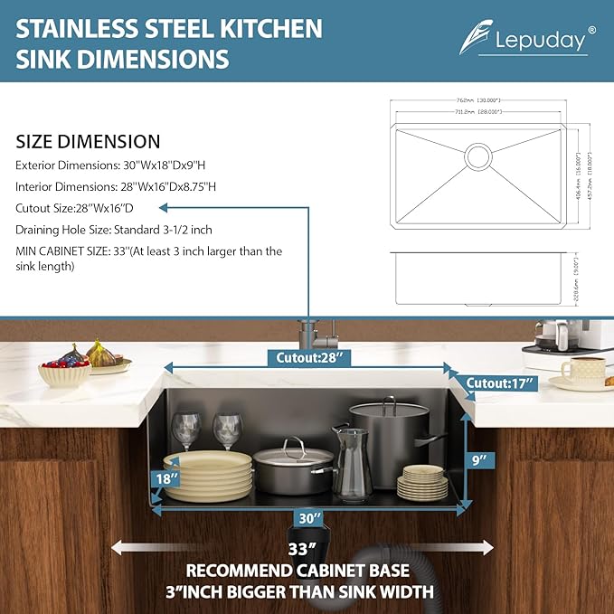 30 Inch Black Undermount Kitchen Sink Single Bowl 18 Guage Stainless Steel 30"x18"x9" Deep Under Counter Kitchen Sinks Basin R10 Round Corners Handmade Sink