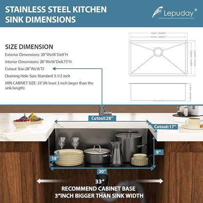 30 Inch Black Undermount Kitchen Sink Single Bowl 18 Guage Stainless Steel 30"x18"x9" Deep Under Counter Kitchen Sinks Basin R10 Round Corners Handmade Sink