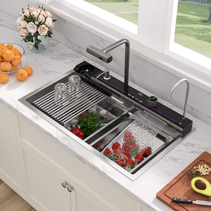 Sarlai 30 Inch Waterfall Kitchen Sink - 30x19 Inch Drop In Workstation Sink With Waterfall Stainless Steel 16 Gauge Multifunction Single Bowl Top Mount Kitchen Sinks with HoneyComb Finish