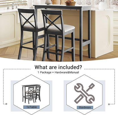 Farmhouse Bar Table Set of 3, Includes 48" Rectangular Wood Dining Table and 2 Bar Stools, Counter Height Kitchen Table Set for Small Spaces (Grey+ Beige + Solid Wood + Foam)