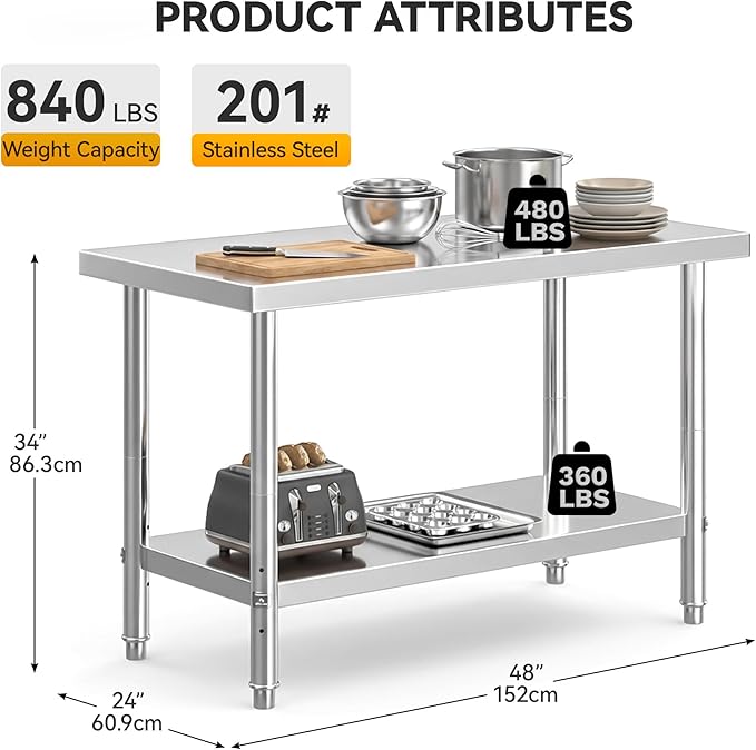 DWVO 48x24in Stainless Steel Table, NSF Metal Prep Worktable with Adjustable Shelf for Kitchen Restaurant Hotel Garage Warehouse Home