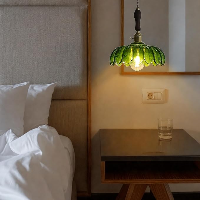 Plug in Pendant Light, Hanging Lights with Plug in Cord, Green Vintage Glass Pendant Light for Kitchen Island, Bedroom, Dining Room, Living Room, 11.5 Ft. Cord, E26 No Bulb