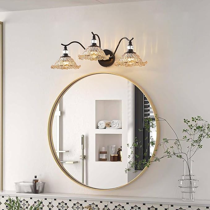 Vintage Bathroom Vanity Light Fixtures - 3 Light Antique Matte Black Bathroom Lights Fixture Over Mirror with Amber Flower Glass,Retro High End Wall Mounted Vanity Lighting for Bath Powder Room