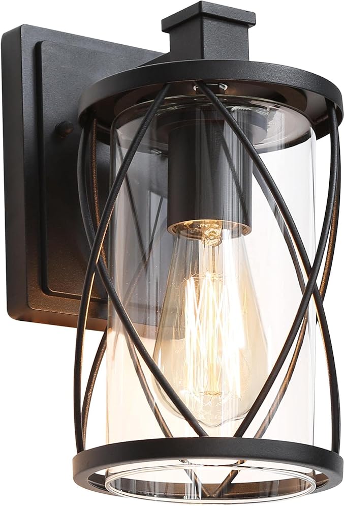 classy leaves Black Outdoor Light Fixture, Farmhouse Porch Light Waterproof Exterior Wall Light, 2 Pack Outdoor Wall Sconce Lighting Clear Glass for Front Door, Patio, Garden, Yard