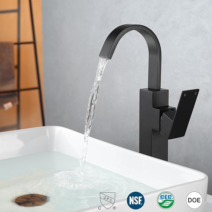 Matte Black Vessel Sink Faucet, Single Handle Tall Bathroom Faucet，Waterfall Bathroom Faucet Single Hole Lavatory Vanity Tap Single Hole Bar Sink Faucet with Pop Up Drain and Supply Lines,SL50044BK