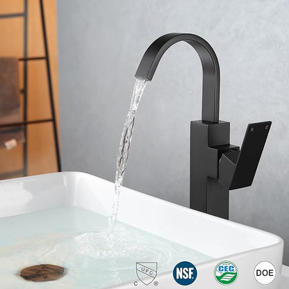 Matte Black Vessel Sink Faucet, Single Handle Tall Bathroom Faucet，Waterfall Bathroom Faucet Single Hole Lavatory Vanity Tap Single Hole Bar Sink Faucet with Pop Up Drain and Supply Lines,SL50044BK