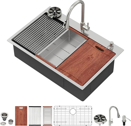 33 Drop In Kitchen Sink - Beslend 33x22 Kitchen Sink Drop In Workstation with Faucet, Stainless Steel Sinks and Soap Dispenser Topmount 16 Gauge Single Bowl Above Counter Dish Basin 9" Deep