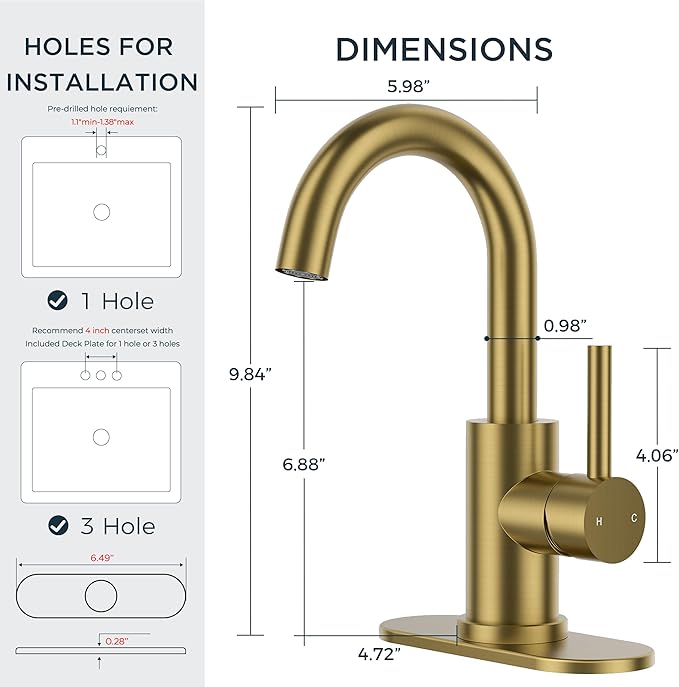 FORIOUS Brushed Gold Bathroom Faucet 1 Hole Single Handle 360° Swivel Gooseneck Spout, with Metal Pop Up Drain and cUPC Supply Line, Suitable for Wet Bar Kitchen RV Vanity Restroom
