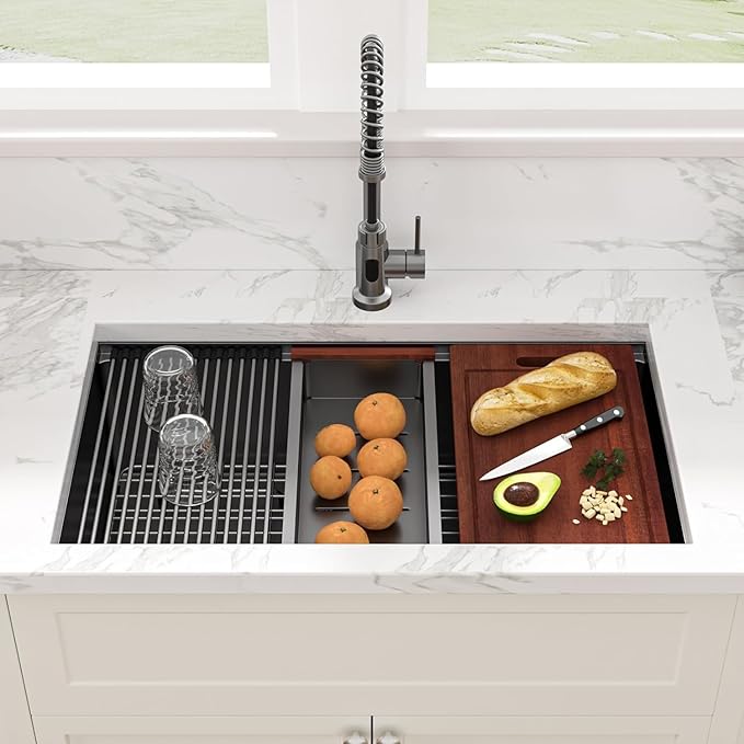 Sarlai 32 Undermount Sink Black Stainless - 32" x19" Kitchen Sink Ledge Workstation Gunmetal Black 16 Gauge Stainless Steel Deep Single Bowl Under Counter Rectangular Sinks Basin