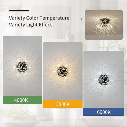 CM MZY Black Semi Flush Mount Ceiling Light Fixture, Modern Crystal Sputnik Firework Ceiling Lights, 6-Light Close to Ceiling Lighting Fixtures for Bedroom Kitchen Hallway Entryway Closet(Matt Black)