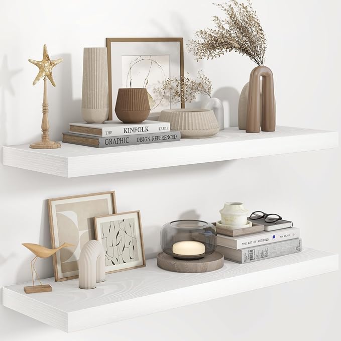 Fun Memories 36 Inch Floating Shelves in White, 9.3 Inch Deep Floating Shelf for Bathroom Living Room Kitchen, Rusitc Wall Mounted Bathroom Shelves 2 Pack, Heavy-Duty Deep Shelf for Books Decor