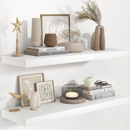 Fun Memories 36 Inch Floating Shelves in White, 9.3 Inch Deep Floating Shelf for Bathroom Living Room Kitchen, Rusitc Wall Mounted Bathroom Shelves 2 Pack, Heavy-Duty Deep Shelf for Books Decor