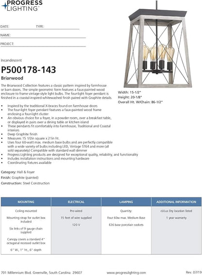 Progress Lighting P500178-143 Briarwood Collection Four-Light Hall and Foyer, Graphite