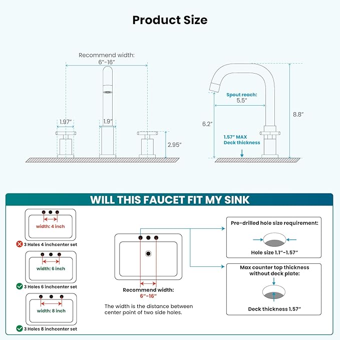 gotonovo 8 inch Widespread 3 Hole Bathroom Sink Faucet,2 Cross Handle Vanity Faucet Deck Mount Basin for Bathroom Sink 360° Swivel Spout with Pop Up Drain Polished Chrome