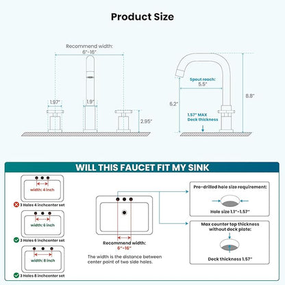 gotonovo 8 inch Widespread 3 Hole Bathroom Sink Faucet,2 Cross Handle Vanity Faucet Deck Mount Basin for Bathroom Sink 360° Swivel Spout with Pop Up Drain Polished Chrome