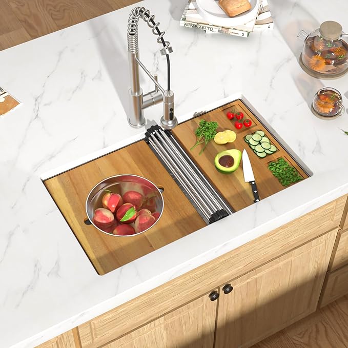 32 Undermount Kitchen Sink 16 Gauge 304 Stainless Steel Single Bowl Multifunctional 32x19 Undermount Workstation Sink with Accessories #TLU-0038