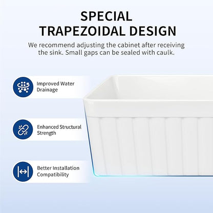 DeerValley White Farmhouse Sink 33 inch, Fireclay Apron Front Farm Kitchen Sink, Single Bowl Deep Drop-in Undermount Reversible Sinks with Grid & Strainer