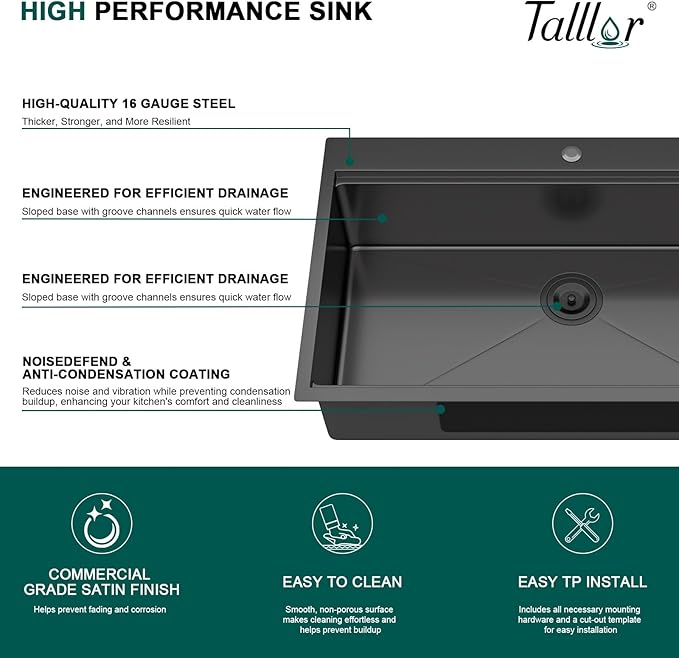 36 Inch Drop In Kitchen Sink with Faucet Combo - 36x22 Workstation All-In One Drop In Gunmetal Black NANO-PVD 16 Gauge Stainless Steel Kitchen Sink Topmount Single Bowl Large Sinks #TLT-0025