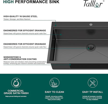 36 Inch Drop In Kitchen Sink with Faucet Combo - 36x22 Workstation All-In One Drop In Gunmetal Black NANO-PVD 16 Gauge Stainless Steel Kitchen Sink Topmount Single Bowl Large Sinks #TLT-0025