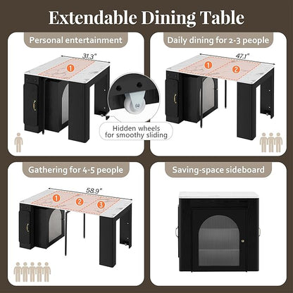 15.6" - 59" Extendable Dining Table, Mobile Kitchen Island with Storage Cabinet, Power Outlet and LED Lights, Space-Saving Dining Table for Small Spaces, Black and Marble White