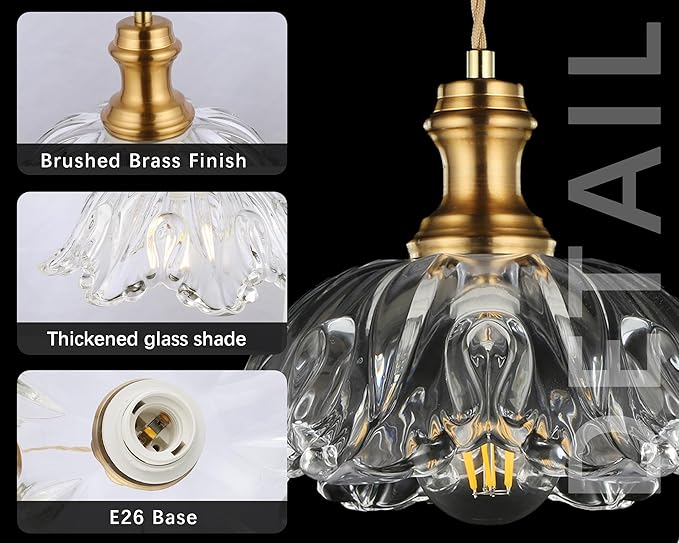 Gold Glass Pendant Lights, 10.6" 1-Light Vintage Hanging Light Fixtures with Flower Clear Glass, Antique Brushed Brass Pendant Lighting for Kitchen Island Sink Dining Room