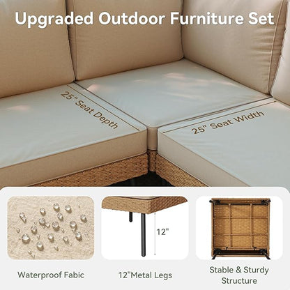 Aoxun Patio Furniture Set, 5 Piece Outdoor Sectional Sofas with Thick Cushion, Wicker Outdoor Patio Furniture Set with Coffee Table for Party, Garden, Backyard, Beige